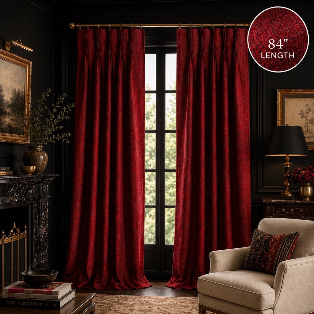 Vintage Red Black Brocade Pinch Pleat Drapery Panel Lined Curtain Made in USA